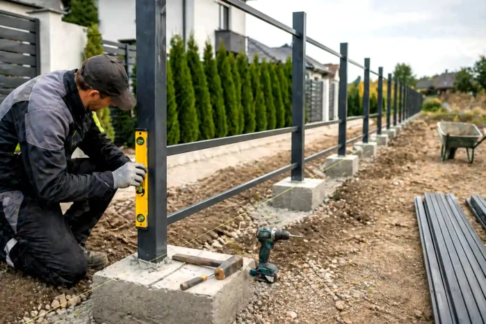 montaj gard metalic cu stalpi fixati in fundatie din beton si aliniere cu nivela